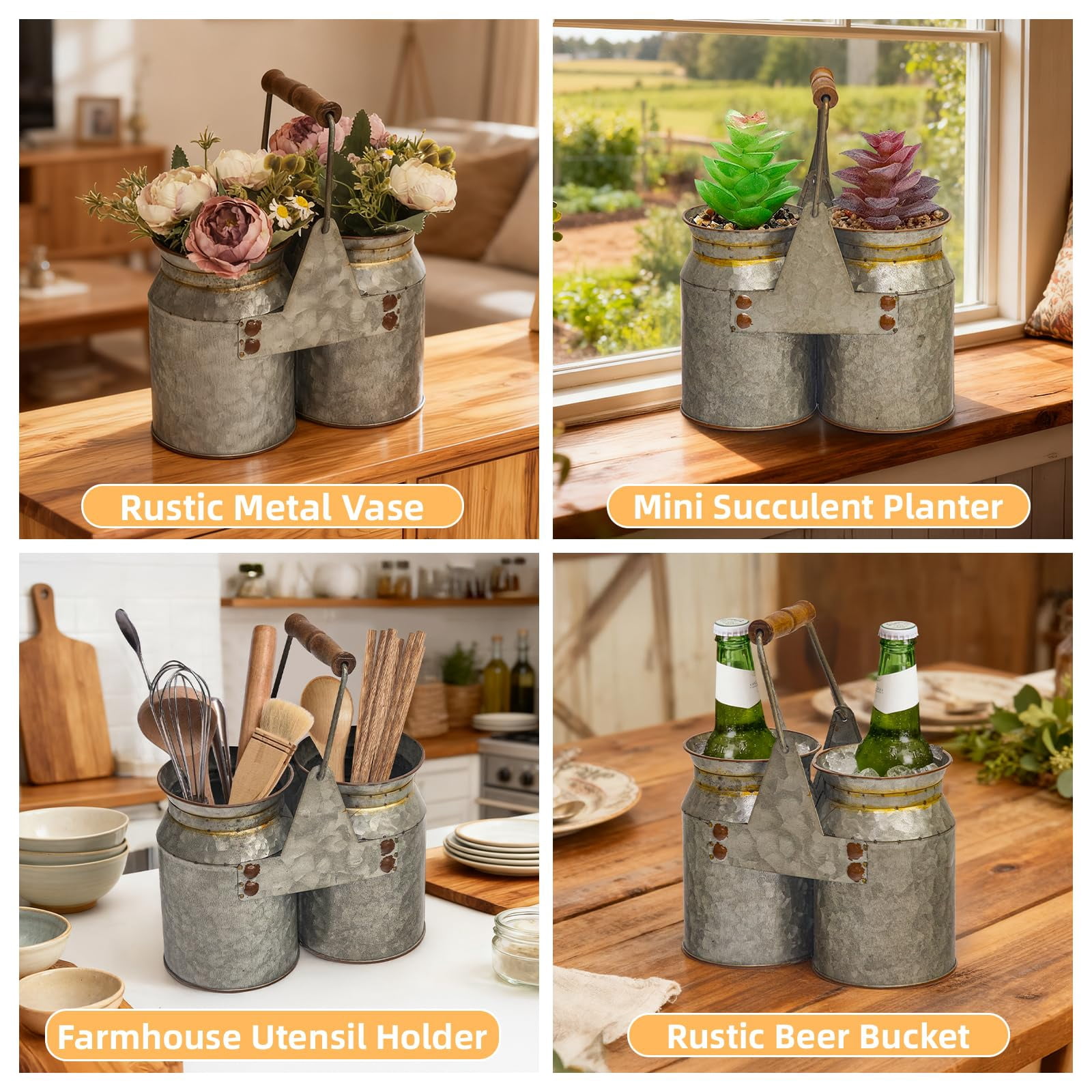 MODE HOME Set of 2 Rustic Galvanized Metal Utensil Holders with Handles, Farmhouse Kitchen Crocks for Spoons, Forks, and Knives, Countertop Organizer Buckets for Rustic Kitchen Décor, 8x4x6.75 Inch