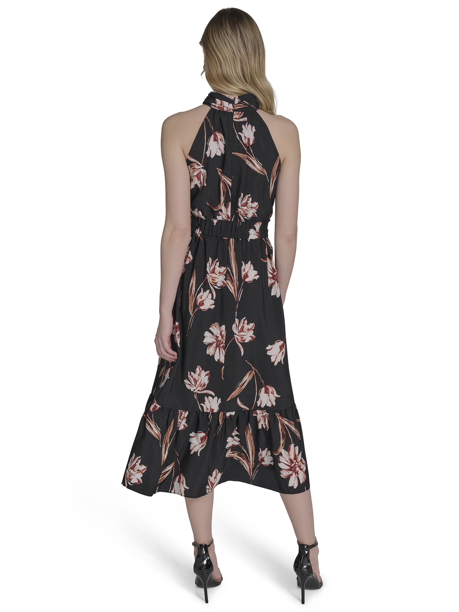 Falling Flowers Women's Mock Neck Sleeveless Midi Dress, Sizes XS-XL