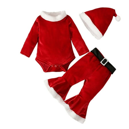 

ZCFZJW Toddler Kids Baby Girls Christmas Outfits Set Long Sleeve Xmas Rompers Jumpsuits Bell Bottom Pants with Belts and Santa Claus Hats Three-Piece Holiday Wear(Red 2-3Years)