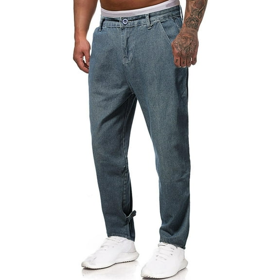 Pounoo New Denim Pants for Men Casual Comfort Waist Straight Pants Men Solid Comfort Fit Long Pants Pocket Button Front High Waist Plus Size Jeans Blue Xl