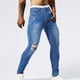 thumbnail image 1 of Pantalones largos para hombre, casuales, de moda, con bolsillos perforados, color sólido, elásticos, ajustados, de pierna corta, de mezclilla, pantalones para hombre, 1 of 9