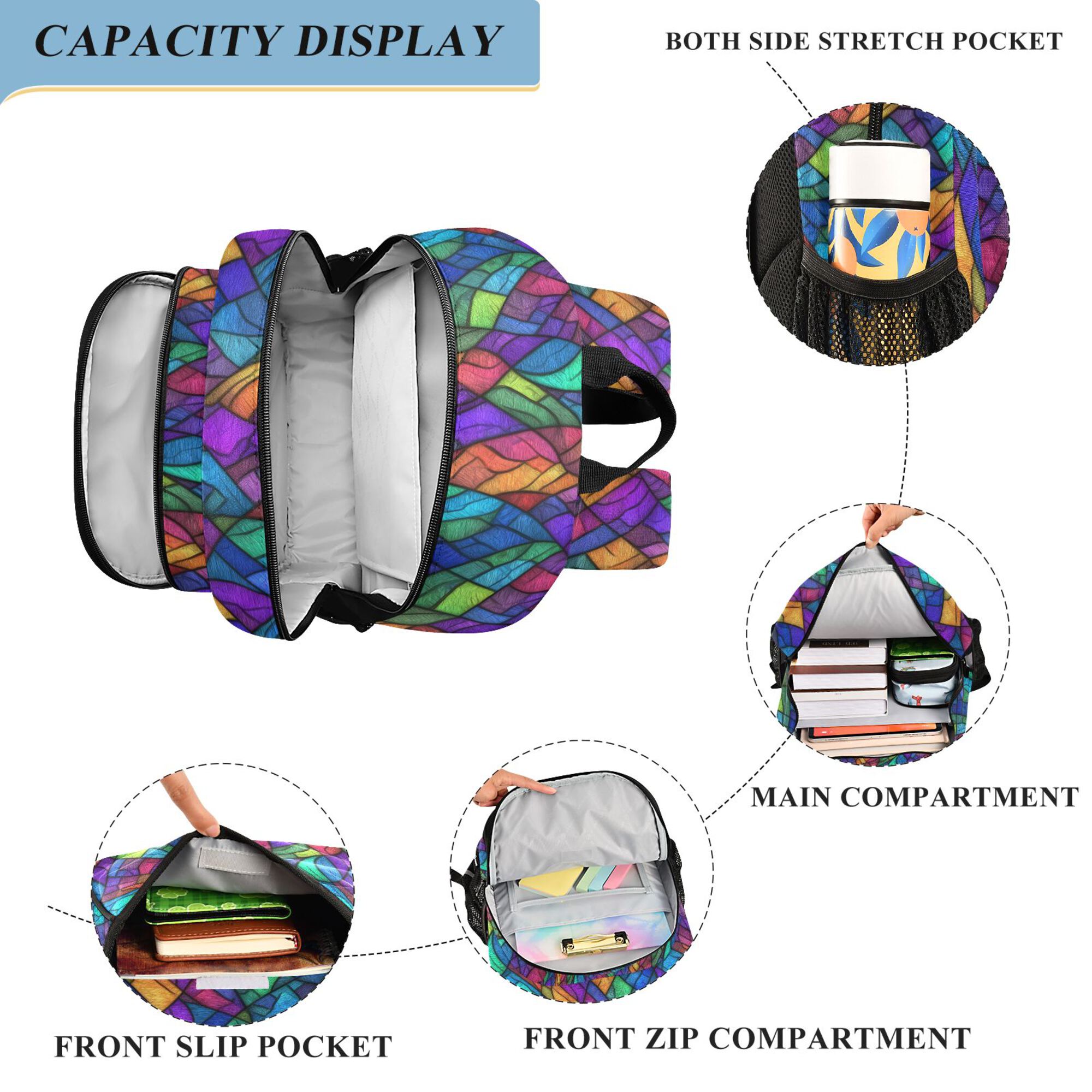 Mochila para niños para la escuela unisex 17" casual con compartimentos, estampado vibrante de vitral 3