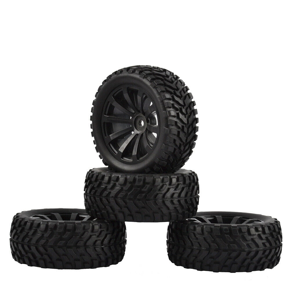 4x Black RC 1:10 On Road Car Plastic 7 Spoke Wheel Rim Beard Pattern Rubber Tyre 