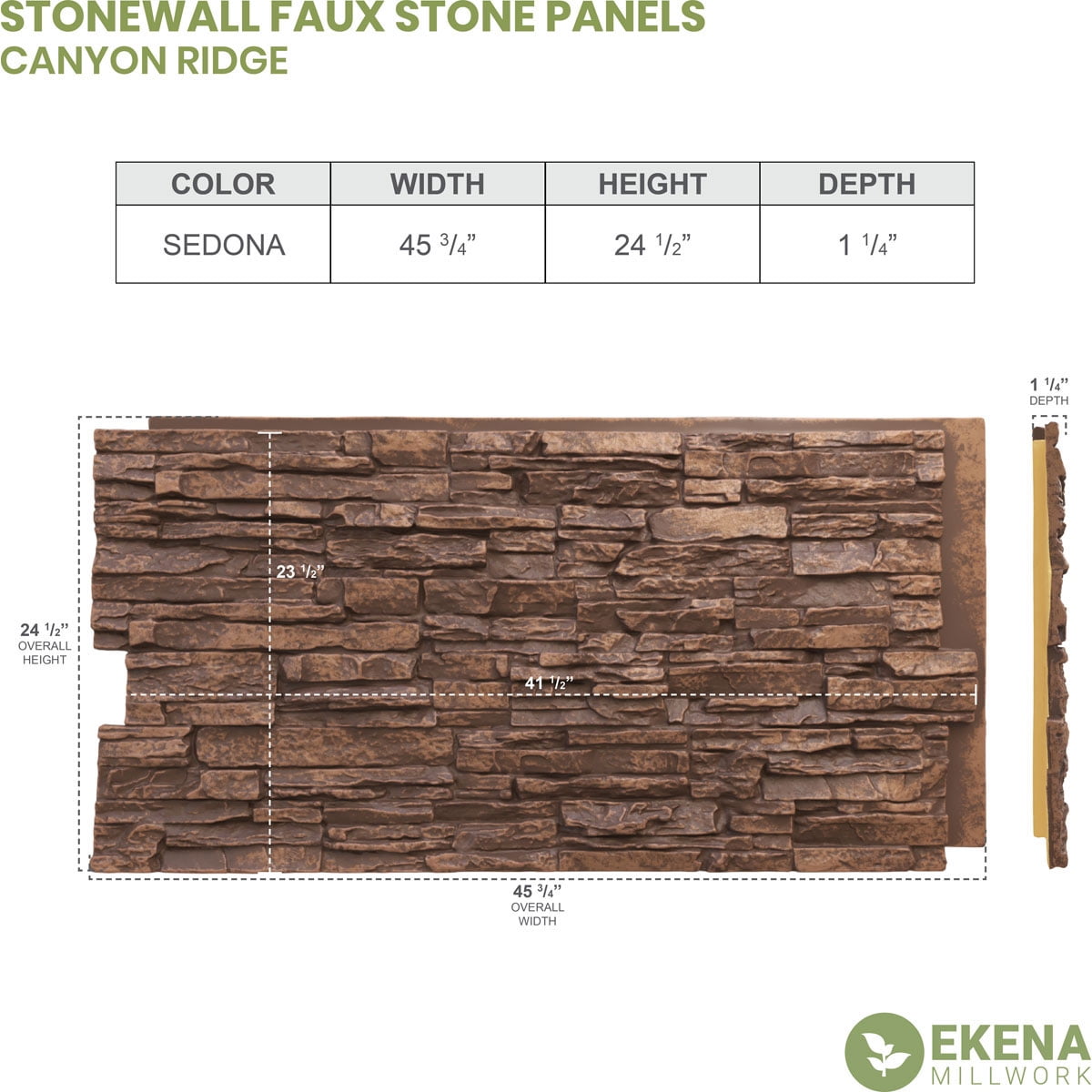 Ekena Millwork 45.75"W x 24.50"H x 1.25"D Canyon Ridge Stacked Stone, StoneWall Faux Stone Siding Panel, Sedona