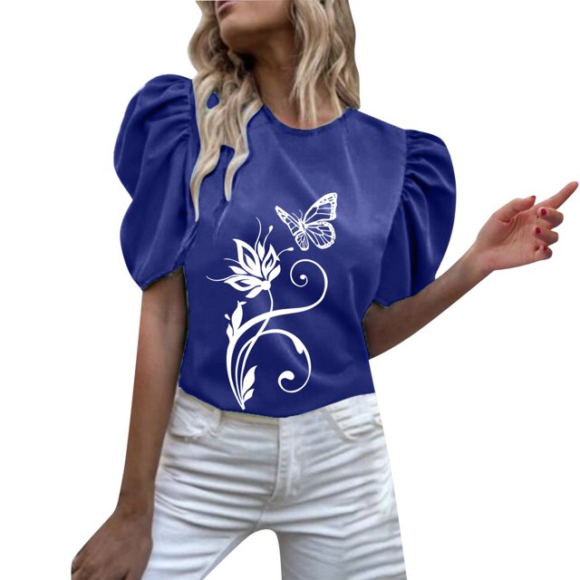 Gibobby Playera de Verano para Mujer Camiseta manga corta con cuello redondo y estampado flores para mujer(BU1,M)