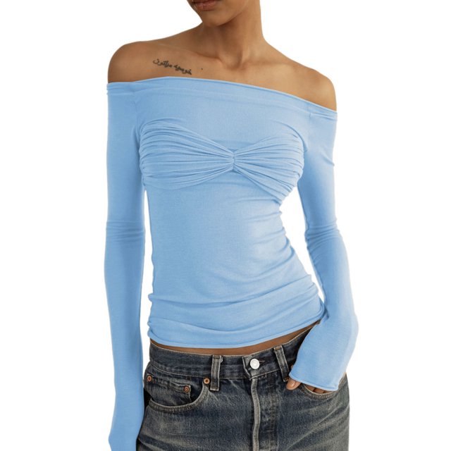 Top de manga larga con hombros descubiertos para mujer, blusa elegante de Color puro ajustada con fruncido de malla para fiesta, color azul cielo L
