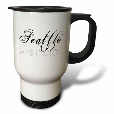 3drose, American Cities - Seattle Washington Black Text on White Background, 14oz Stainless Steel Travel Mug