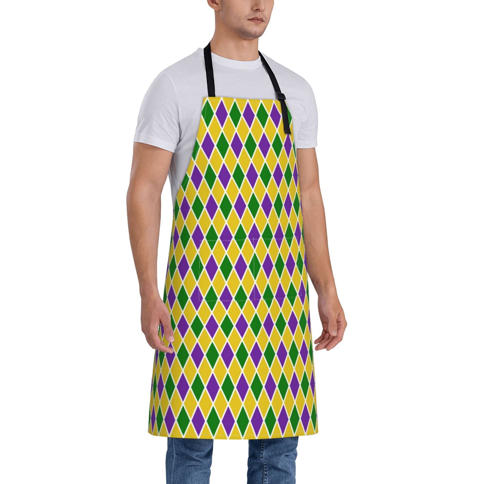 Kdxio Mardi Gras Purple Yellow Plaid Apron with Pockets Adjustable Kitchen Aprons for Men Women Waterproof Aprons for Cooking,Drawing,Crafting, Baking Household Cleaning