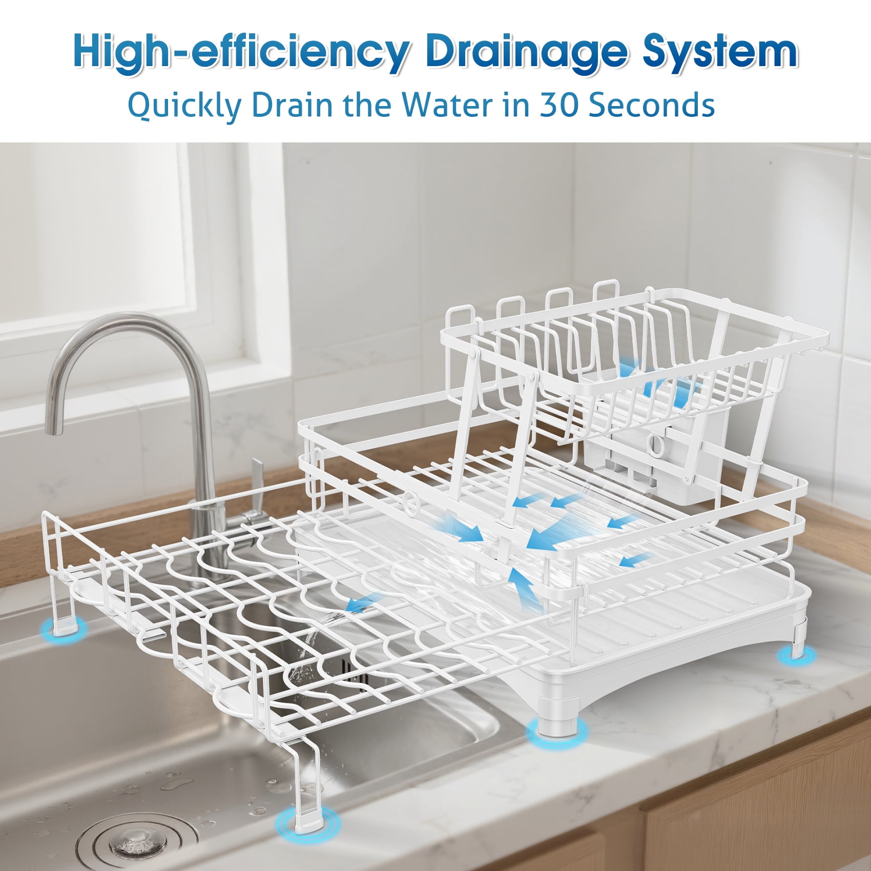 Glovv 2-Tier Collapsible Over the Sink Dish Drying Rack, Kitchen Sink Organizer with Auto Drainage System, Dish Racks for Kitchen Counter with 4 Cup Holders,White