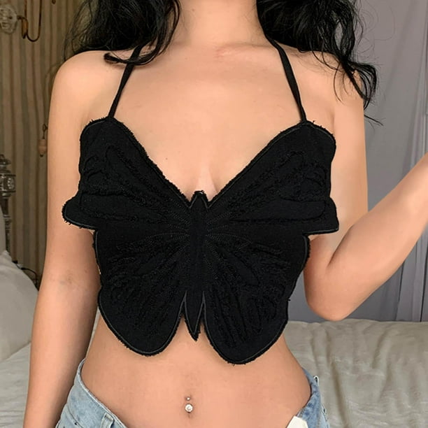 Top corto para mujer, ropa de calle para niñas, correa de espagueti sin espalda con cuello Halter y mariposa para fiesta, festival de música e Negro BLESIY Blusas de mujer