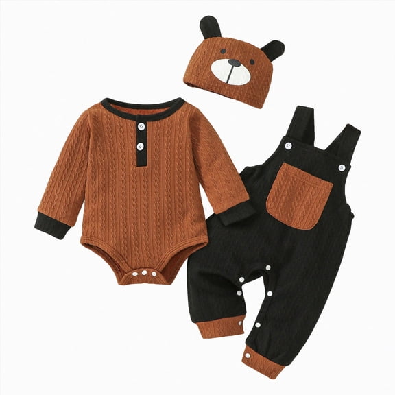 UAYOTSE Baby Boys 3 Piece Bear Outfit Ribbed Bodysuit Overalls Hat Infant Fall Clothing Size 12-18 Months