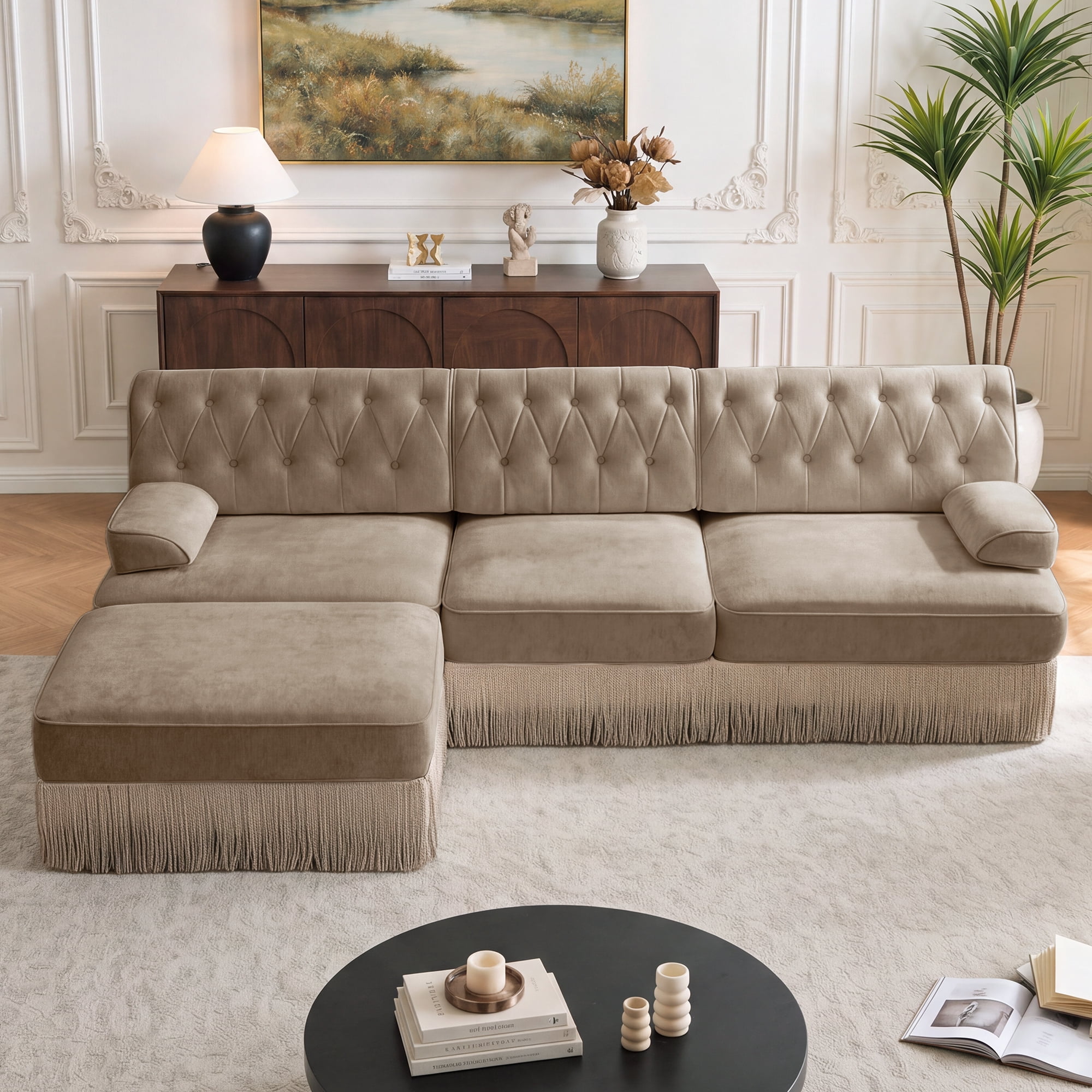 106" Chesterfield 3 Seater L-Shaped Modular Sectional Sofa Set with Ottoman and Tassel Skirt, Easy to Assemble