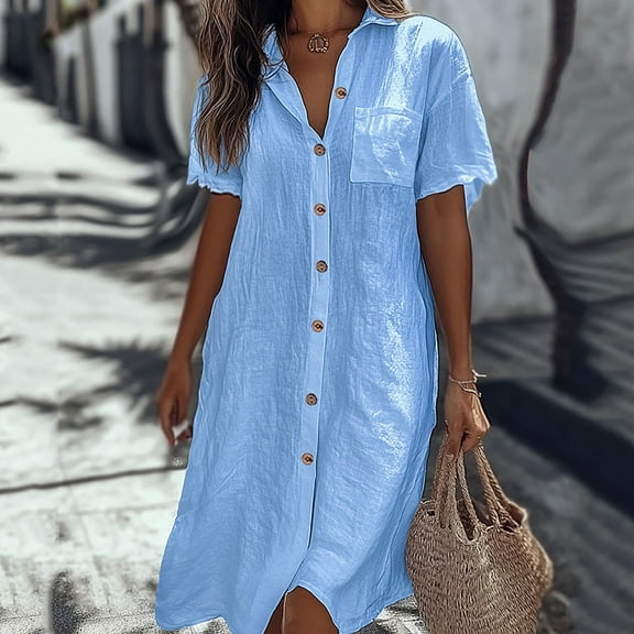 Fartey Plus Size Summer Cotton Linen Dresses for Women 2025 Casual Button Down Midi Shirts Dress Loose Flowy Solid Color Half Sleeve V Neck Knee Length Dress Blue XL