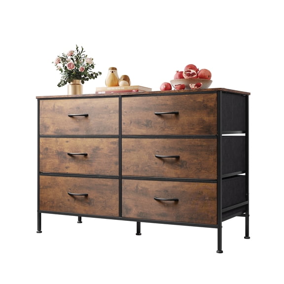 GALAXHERO 6-Drawer Fabric Dresser, 50-Inch TV Stand Wide Chest of Drawers for Bedroom, Closet, Living Room, Rustic Brown