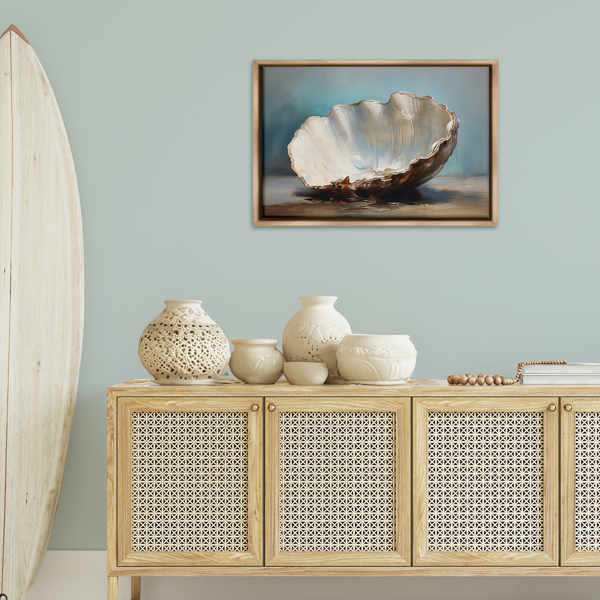 Stupell Industries Neutral Shell Still Life Nautical & Beach Painting Brown Floater Framed Canvas Art Print Wall Art, 31 x 21