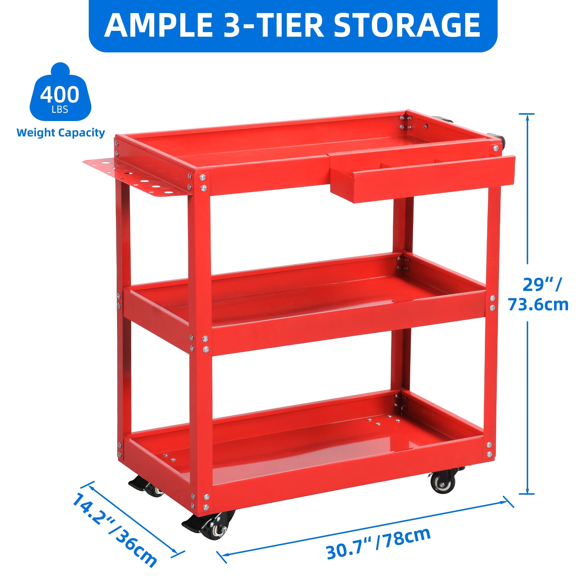 Uforic 3-Tier Metal Tool Cart on Wheels, Rolling Service Cart with Hanging Board & Storage Box, Red