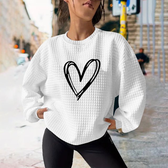 kkbbma Liquidation à Moins de 1$ Chandails en Molleton Imprimé Cœur pour Femmes Automne Décontracté Manches Longues Hauts Confortables Légers Col Rond Chandail