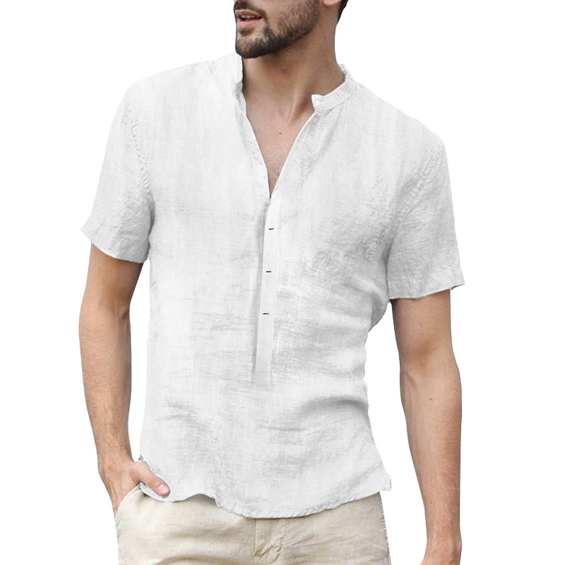 INCERUN Men's Linen Collarless V Neck Short Sleeve Button Party Beach ...