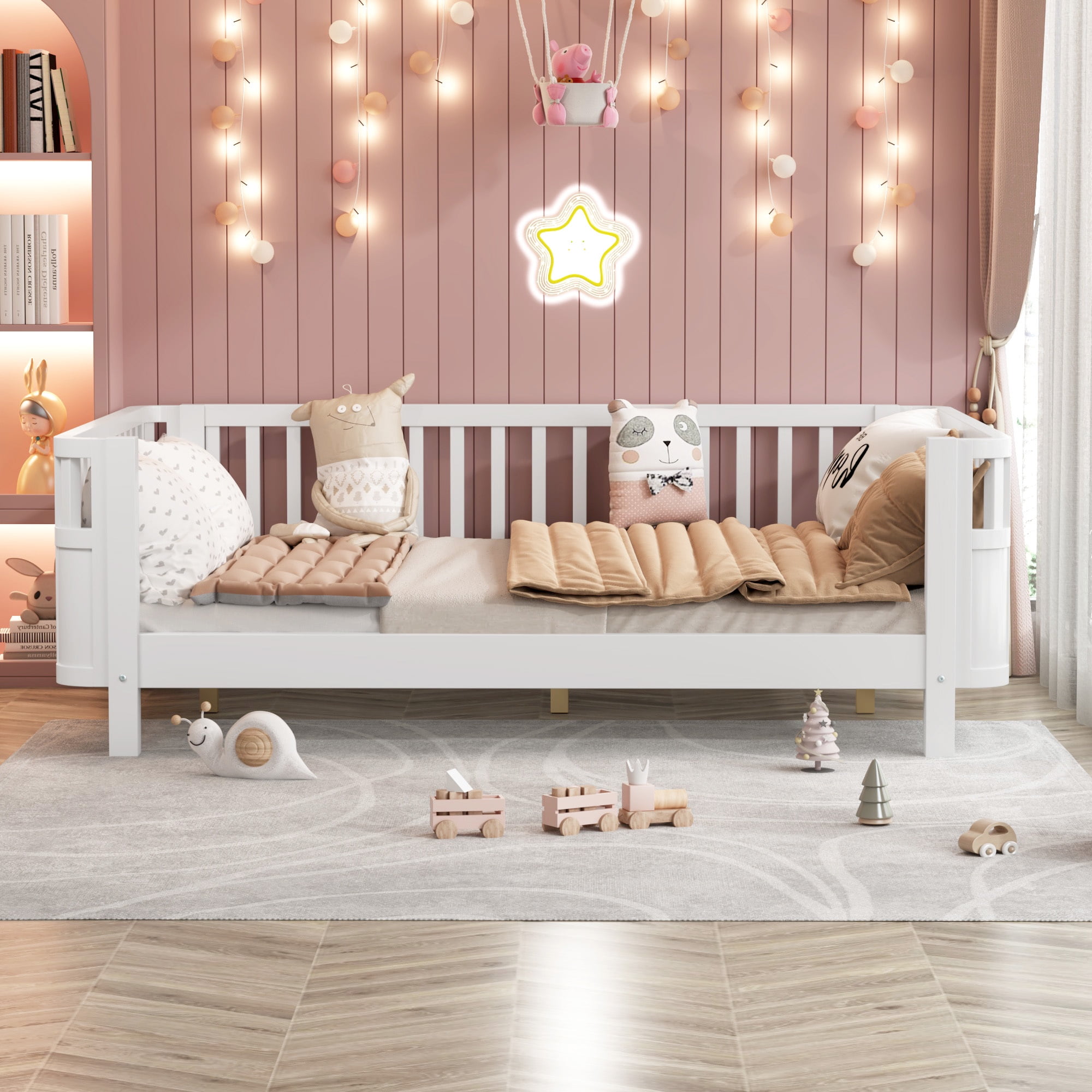 Euroco Wood Full Size Platform Bed, Low Profile Bed with Rails for Kids and Toddlers, White