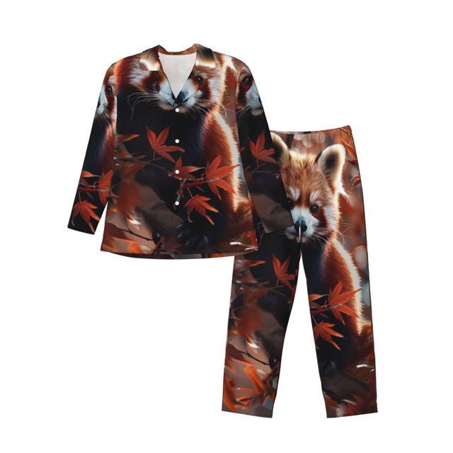 Fotbe Red Panda Autumn Branches Pijama de Hombre con Estampado de Manga Larga, Conjunto de 2 Piezas, Ropa de Dormir Suave y Cómoda con Bolsillos-Medium