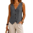 thumbnail image 3 of 1 PC Camisole Tops for Women Color Block Short Sleeveless V-Neck Cotton Linen Cape Vest Sleeveless Tops for Women, 3 of 4