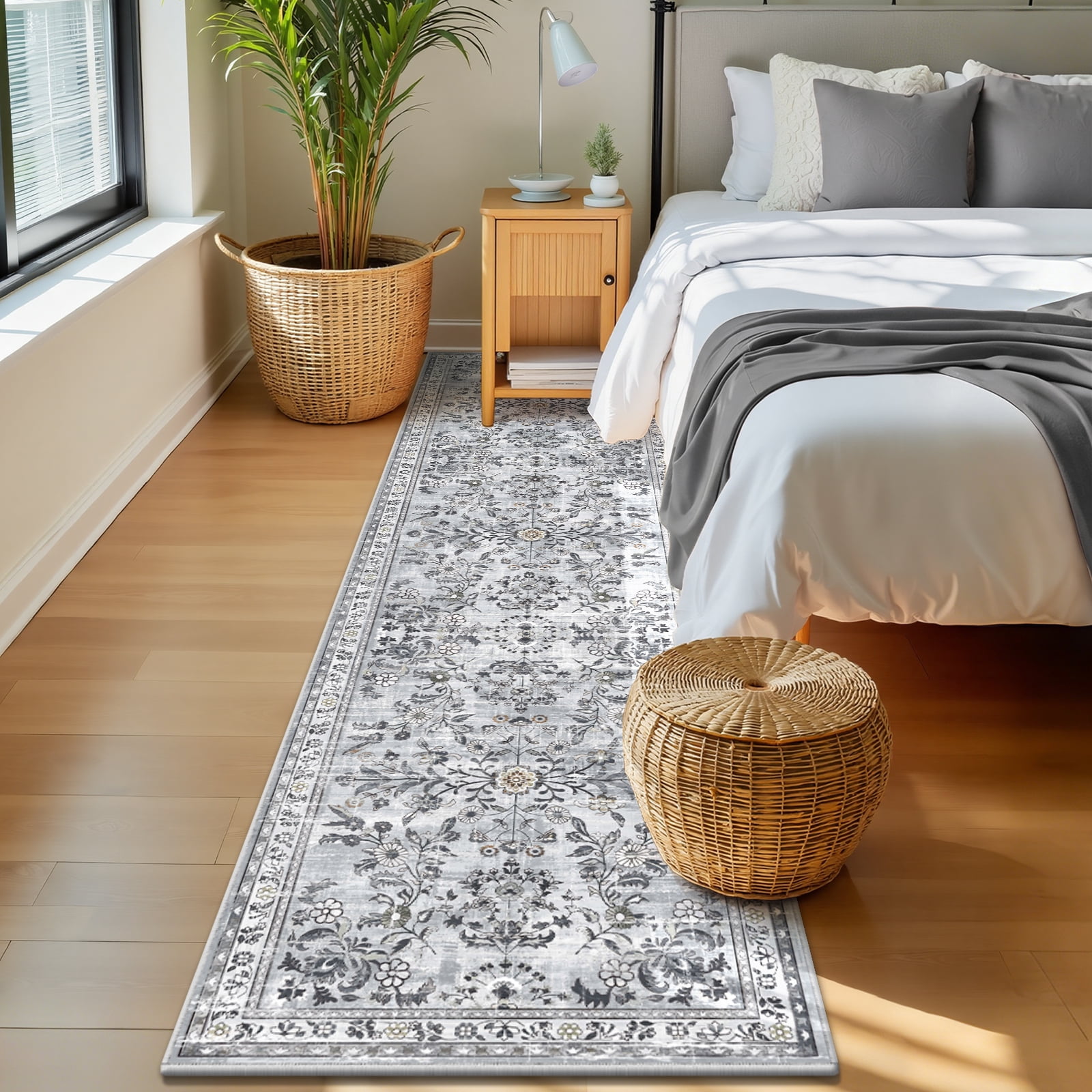 MJIAexp 2'x8' Boho Runner Rug,Non Slip Washable Floral Hallway Runner Rug with Rubber Backing, Low Pile Faux Wool Distressed Carpet for Kitchen, Laundry, Bedroom, Entrance,Grey