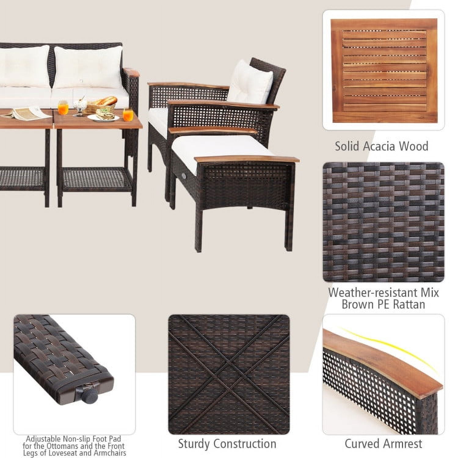 Aimee Lii 7 Pieces Patio Rattan Cushioned Conversation Set with Acacia Wood Tabletop, Outdoor Patio Furniture Aimee Lii 7 Pieces Patio Rattan Cushioned Conversation Set with Acacia Wood Tabletop, Outdoor Patio Furniture