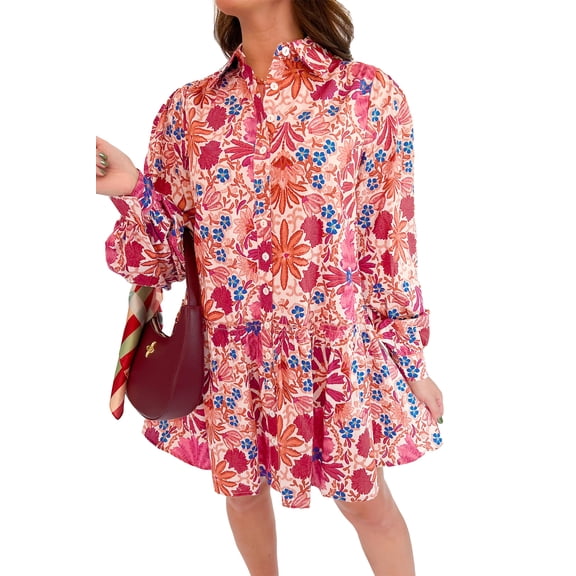 Women's Red Floral Long Sleeve Mini Dress – Casual Daily A-Line Style | XL