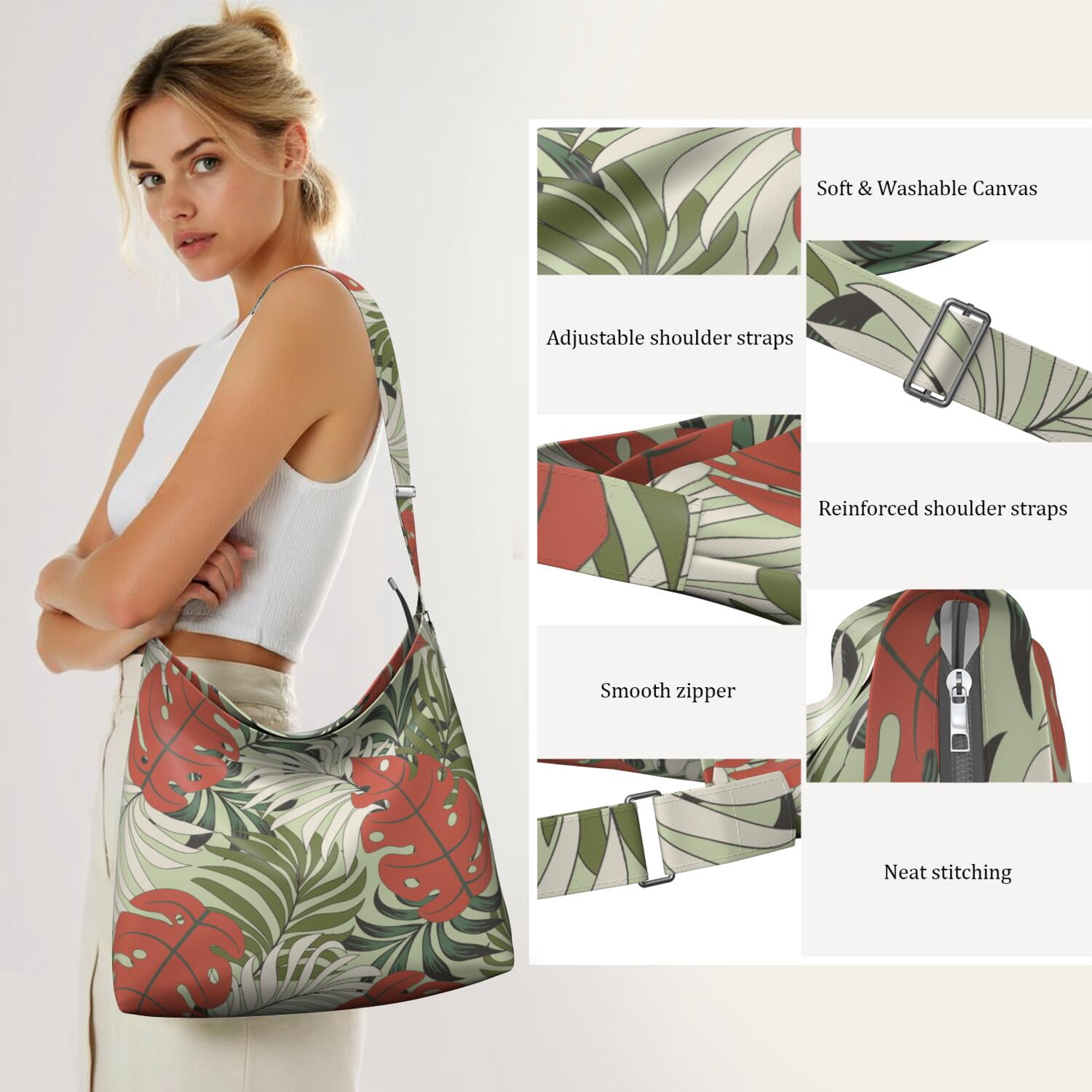 Tropical Palm Leaf Shoulder Bag for Women - Large Capacity Minimalist Travel Purse with Adjustable Strap & Multi-Pocket Design
