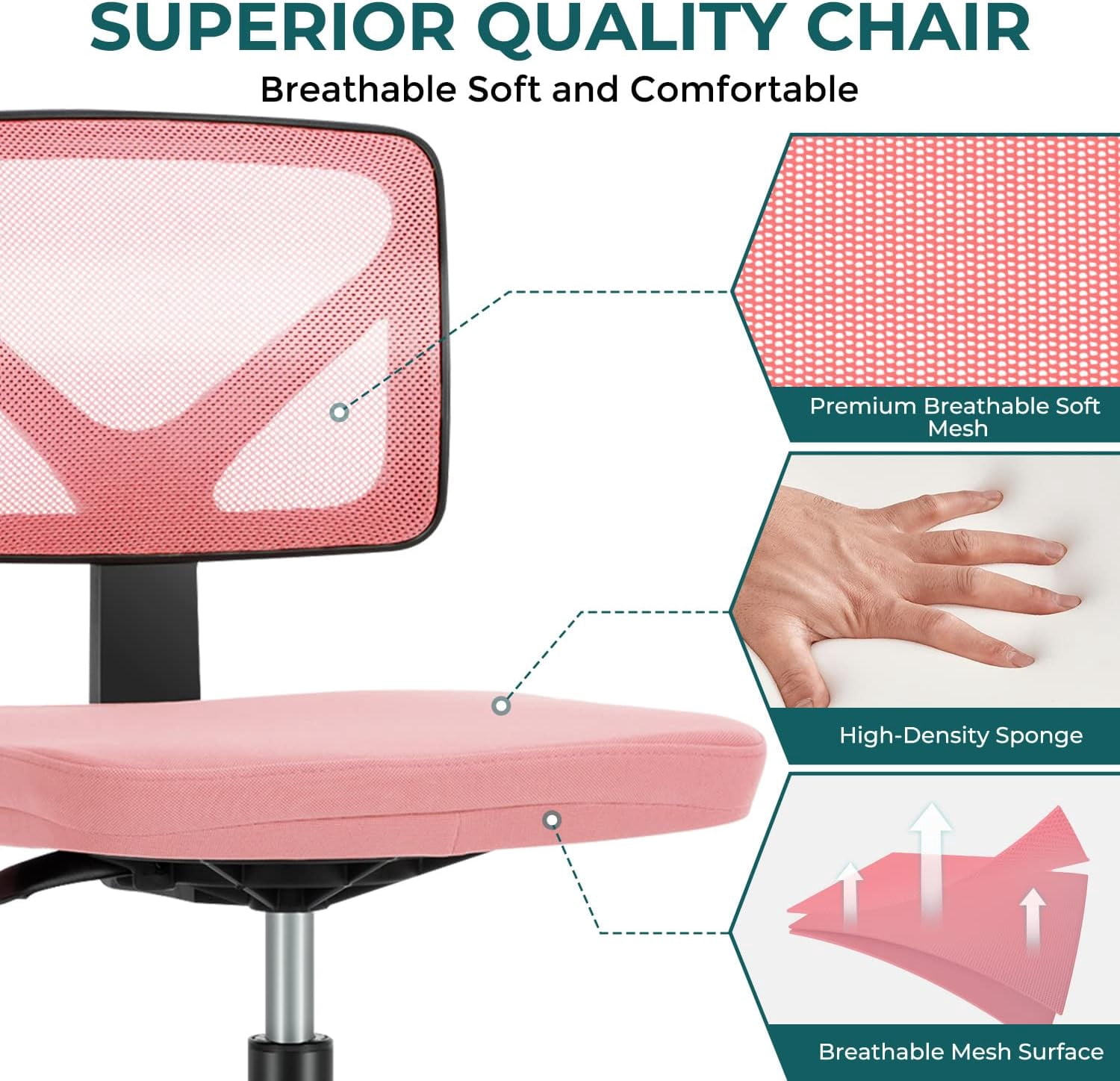 Armless Mesh Office Chair, Ergonomic Low-Back Swivel Desk Chair with Wheels and Lumbar Support, Height Adjustable, Pink