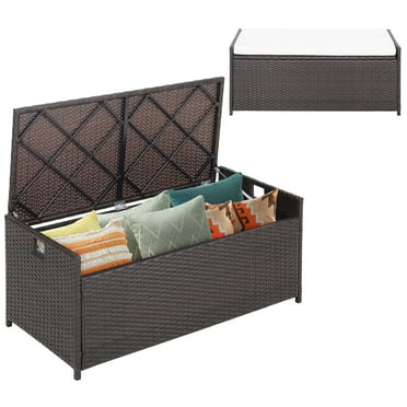 Costway  34 Gallon Patio Wicker Storage Deck Box W/Cushion Off White Backyard