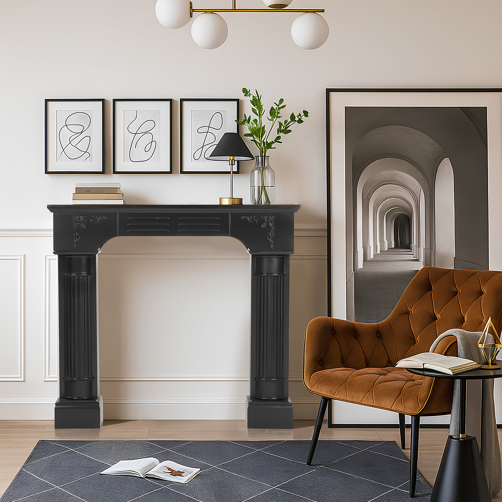 OUINCH 43.3" Fireplace Mantel, Freestanding Fireplace Surround with Leg for Electric Fireplaces, MDF Mantel Surround with Shelf for Living Room with Decorative Pattern, Anti-Tipping & Waterproof