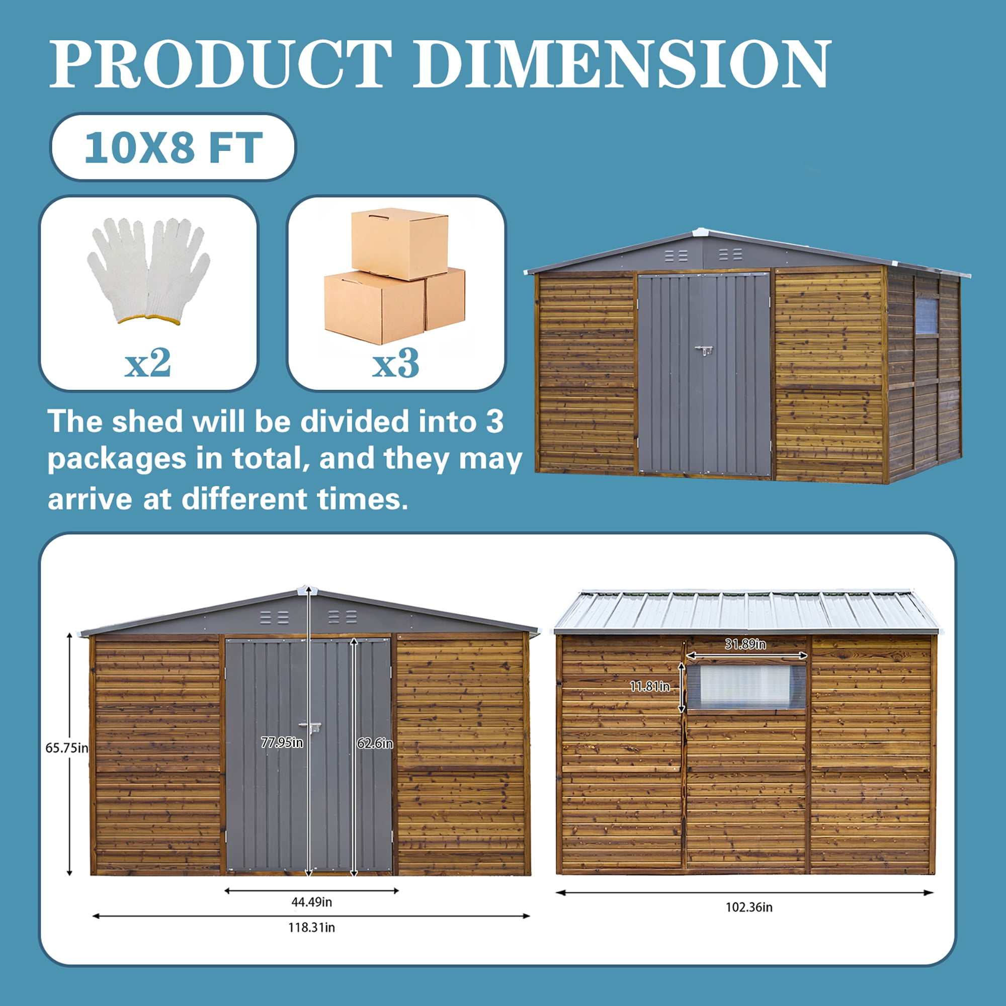 8 ft. W x 10 ft. D Outdoor Iron & Solid Wood Tool Storage Shed with Two Doors and Windows