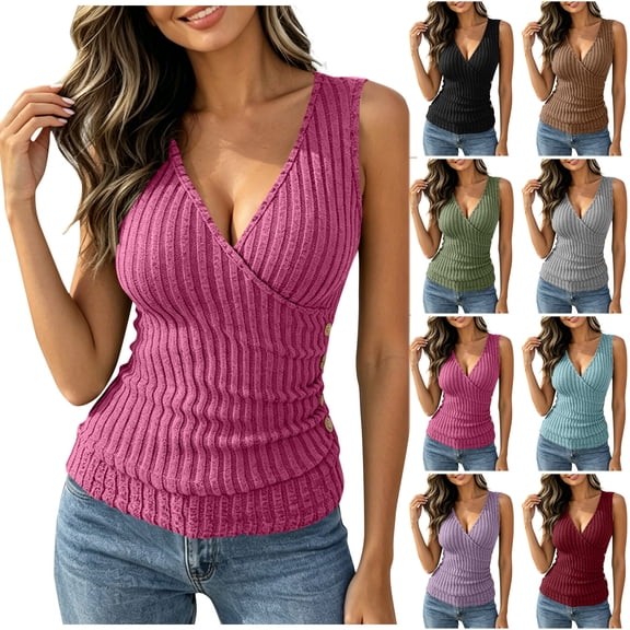 Otntypg Tank Tops for Women V Neck Ribbed Knit Wrap Ruched Slim Fitted Sleeveless Shirts Side Button Decor Summer Dressy Casual Trendy Tees Blouses