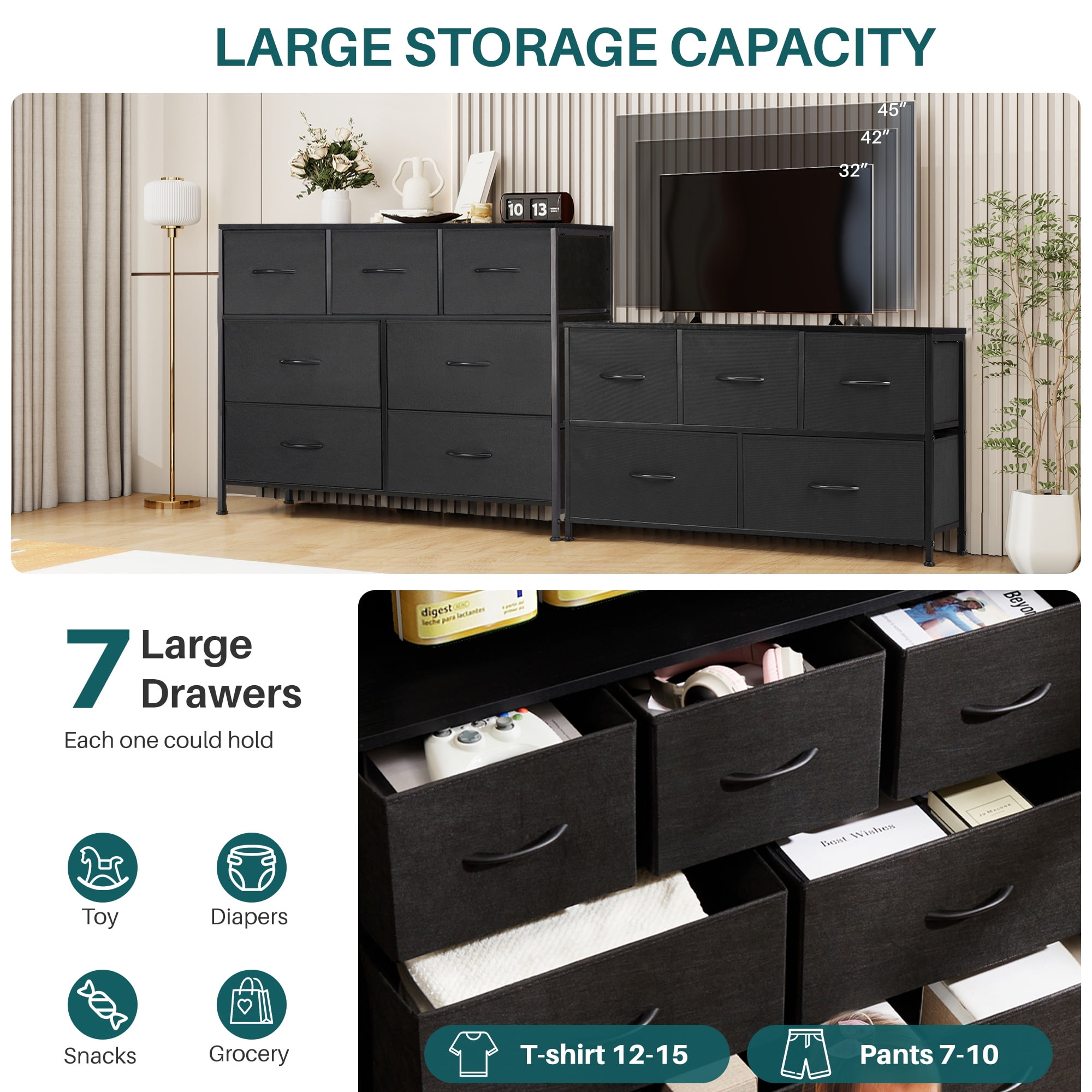 Nextay 7-Drawer Fabric Dresser TV Stand for 45" TV, Storage Dresser Closet with Steel Frame & Wooden Top for Living Room, Dressing Room, Entryway, Black