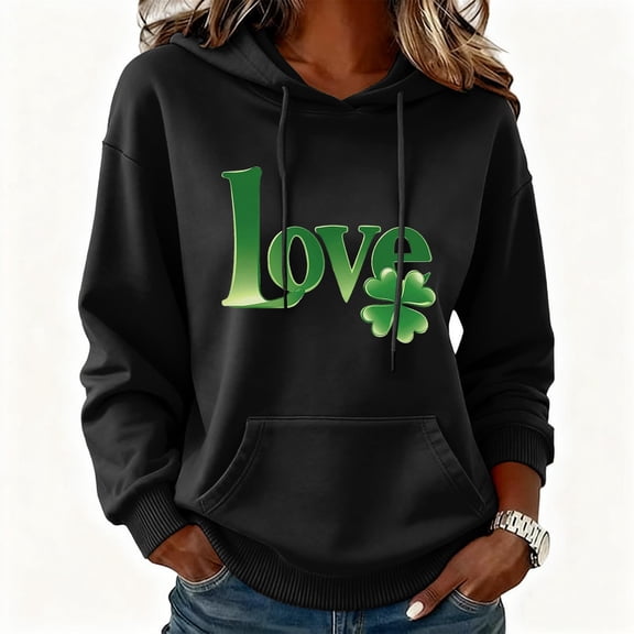 LEKWK St Patricks Day Shirt Green Love Letter Shamrock Long Sleeve Hoodie Sweatshirts Clover Graphic Festival Pullover
