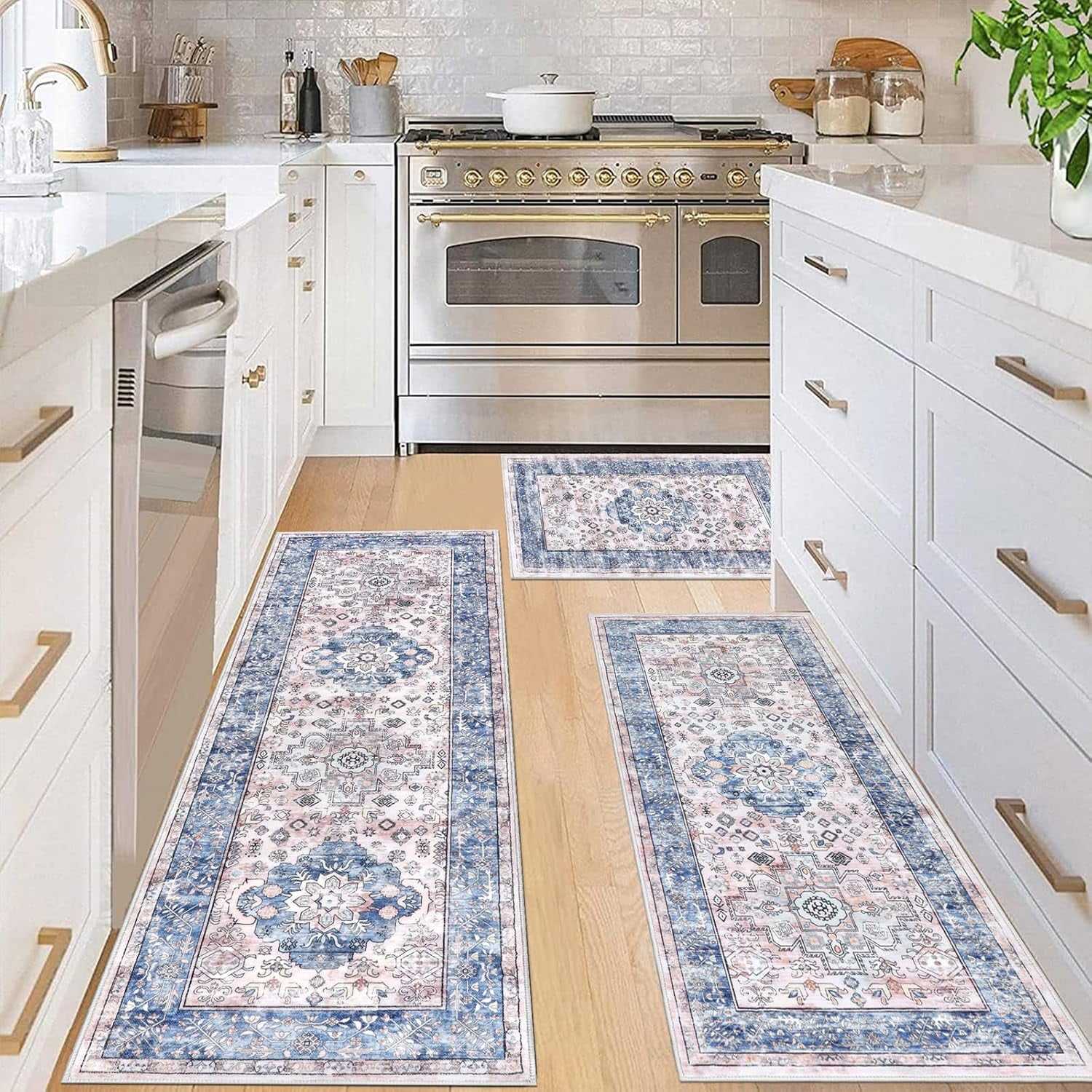 Kitchen Rugs and Mats, Yamaziot Kitchen Rug and Runners Set of 3, Anti Fatigue Mat for Floor, Washable Anti Slip Comfort Farmhouse Kitchen Runner Rug for Hallway Laundry Room Carpet, Blue