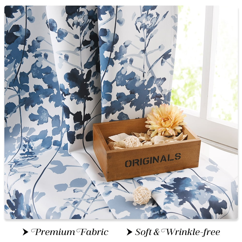NICETOWN Blackout Floral Curtains for Living Room, Watercolor Foliage Light Blocking Curtains Thermal Insulated Energy Efficient Grommet Drapes, Blue, 52"x84", 2 Panels