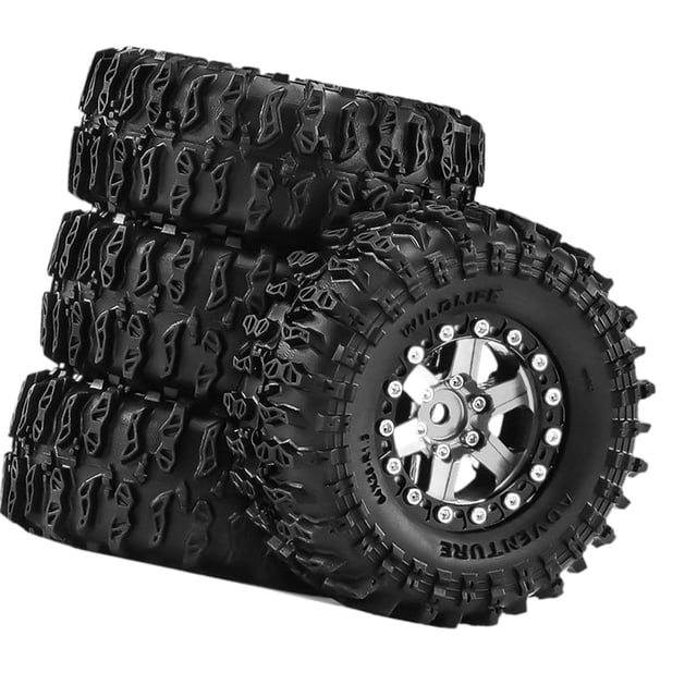Fiocias 4 Pcs Pneus de Voiture RC Simulation Roues Pneus Modèle Accessoires DIY Alliage d'Aluminium PP Construction Adapté pour RC Crawler Voiture Télécommandée Jouet Remplacement Argent