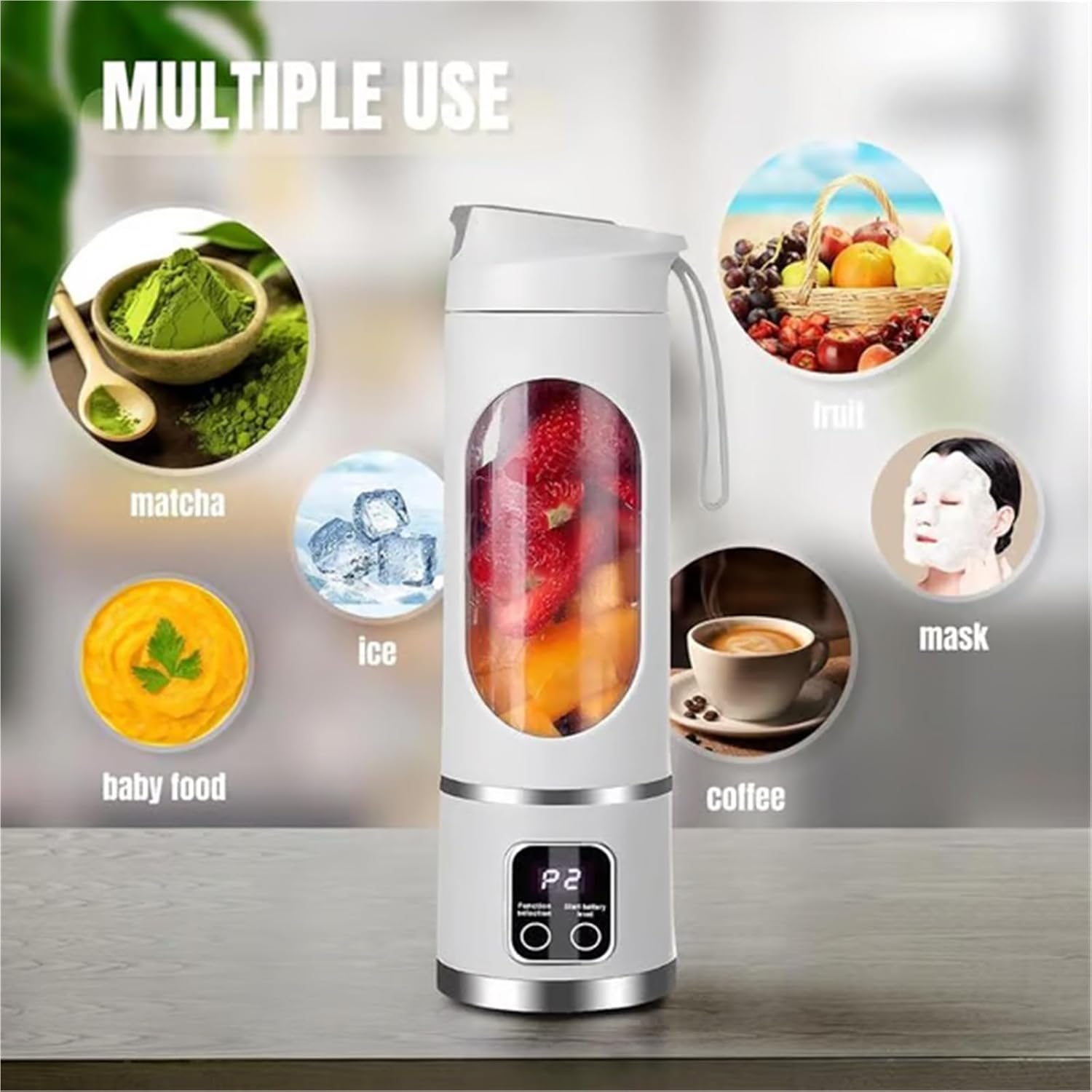 Digital Display Juicer-Smart LED Display,3 Speed Portable Juicer Fruit Mixers,Usb Rechargeable 12-Blade Ice Crusher With Digital Display,for Smoothies Liquid Diet