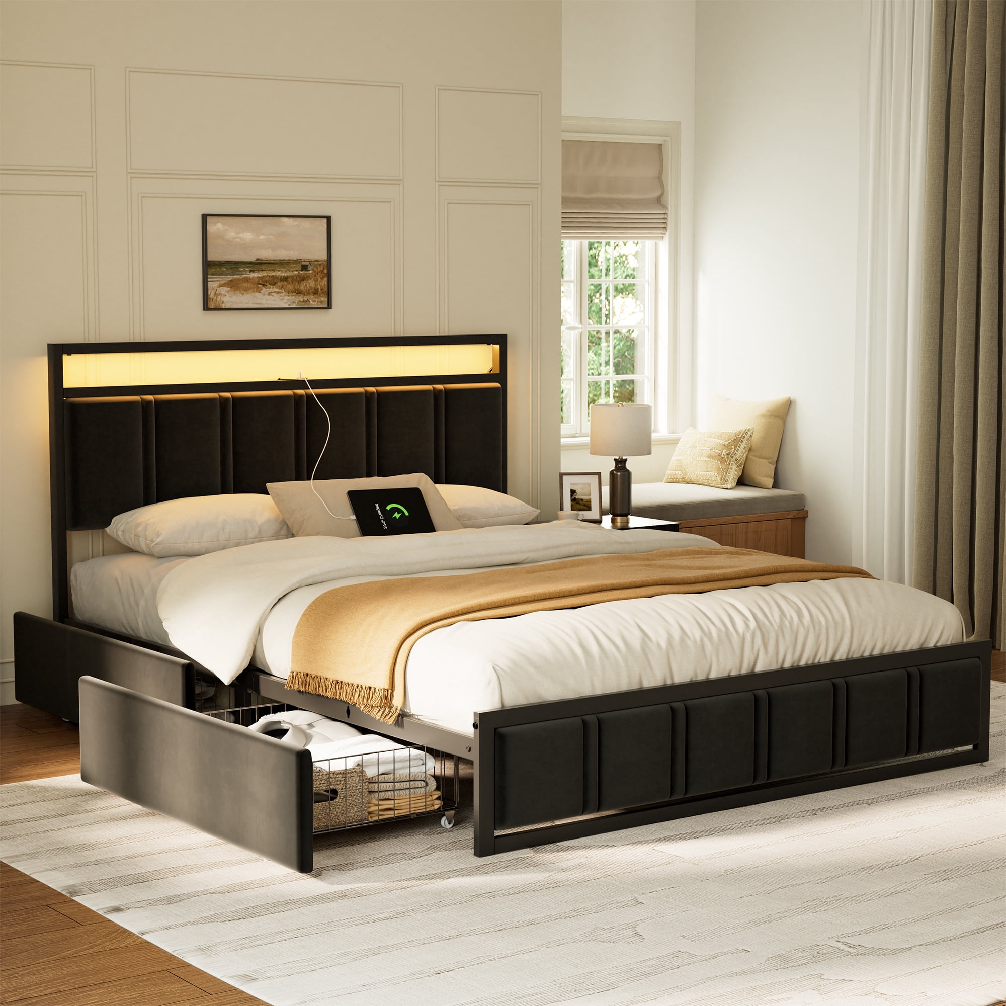 GUNAITO Queen Bed Frame with Headboard, Platform Bed with 2 Drawers, Velvet Upholstered Bed Frame with LED Lights & Charging station，Black
