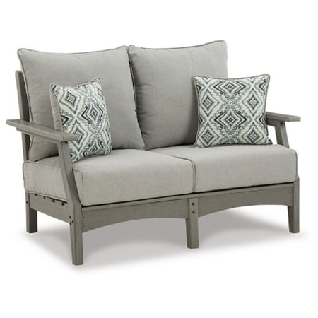Signature Design by Ashley Outdoor Visola Patio HDPE Loveseat with Nuvella Throw Pillows Gray