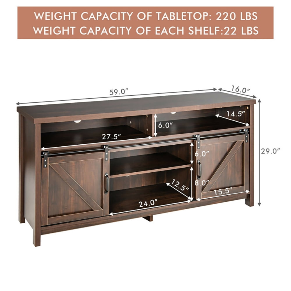Finihen TV Stand, TV Cabinet, 59 Inch Sliding Barn Door TV Stand with Adjustable Shelves for TVs up to 65 Inch, for Living Room, Bedroom, Brown