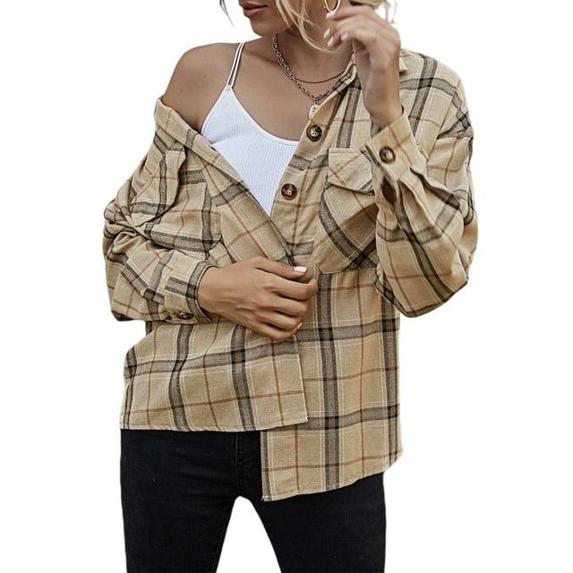 Chemise Surdimensionnée à Carreaux pour Femmes Veste Surchemise Manches Longues Décontractée Automne
