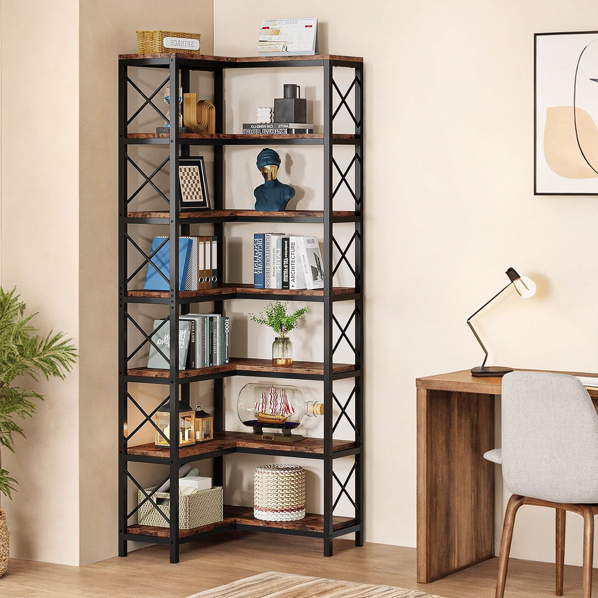 Demi Bonn 7 Tier Corner Bookshelf, Bookshelves, Open Etagere Bookcase Shelf Storage Organizer, Storage Shelving Unit for Bedroom, Living Room and Home Office, Brown