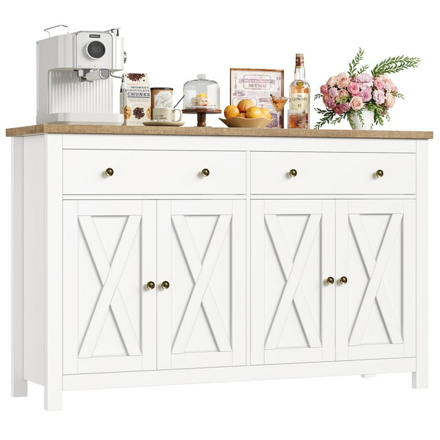 Homfa Buffet de Cuisine de 55,1 Po L avec Tablettes Ajustables, Armoire de Rangement à 4 Portes et 2 Tiroirs, Blanc