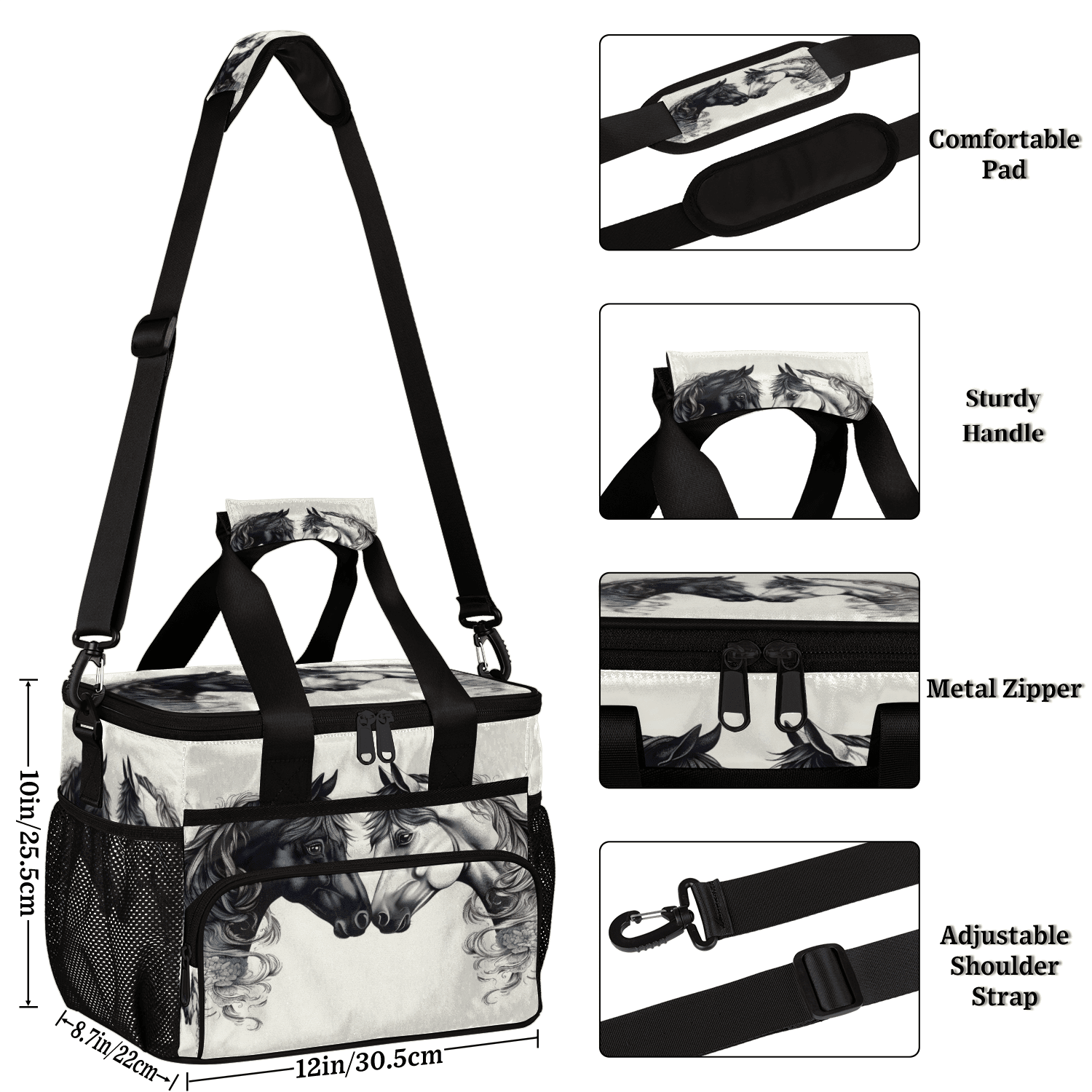 Herdesigns Horse Vintage Large Lunch Box for Adults Women Men with Adjustable Shoulder Strap, Insulated Reusable Lunch Bag Leakproof Cooler Tote Bag