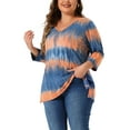 thumbnail image 4 of Agnes Orinda Women's Plus Size Tops Tie Dye Stripes V Neck 3/4 Sleeves Tunic Casual Blouses L Blue Orange, 4 of 6