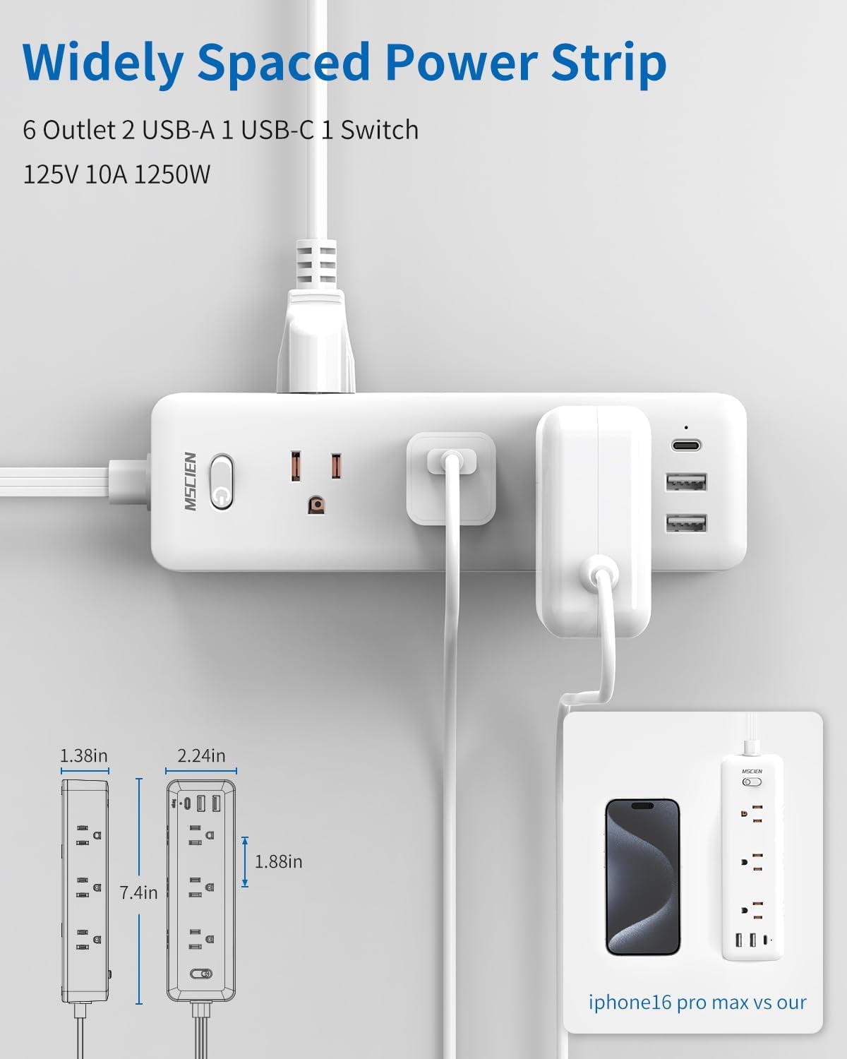 5 FT Extension Cord with Multiple Outlets, Flat Plug , 6 Outlet Extender with 3 USB Ports, with Surge Protector, Wall Mounted for Home, Office, Dorm, Kitchen, White