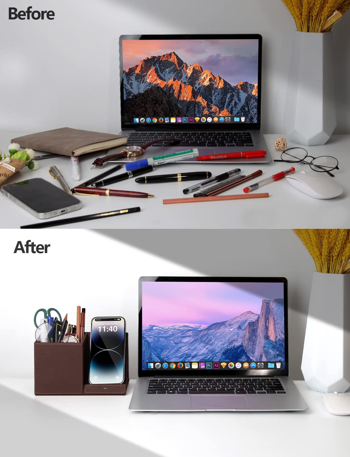 Extrelife Desk Organizer with Wireless Charging for iPhone, PU Leather with Pencil Holder for Desk & Nightstand, Brown